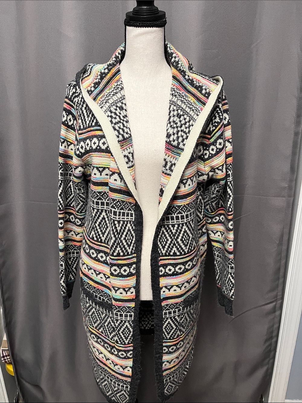 Monteau Black Hooded Geometric Cardigan with Pastel Stripes